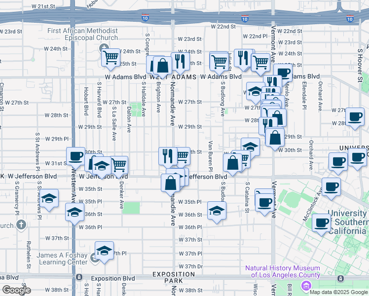 map of restaurants, bars, coffee shops, grocery stores, and more near 1545 West 30th Street in Los Angeles