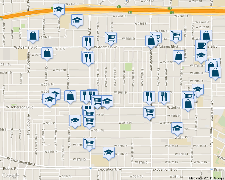 map of restaurants, bars, coffee shops, grocery stores, and more near 2956 South La Salle Avenue in Los Angeles