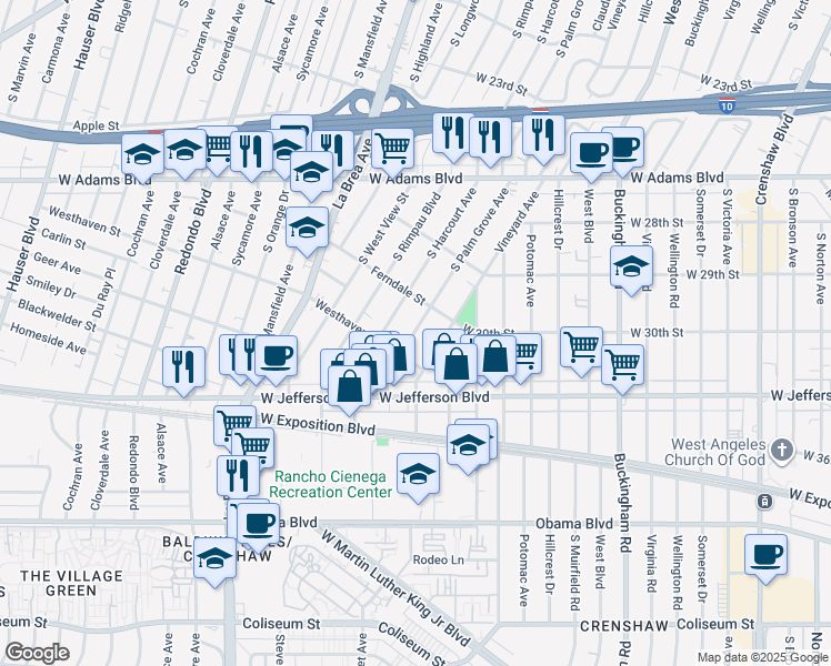 map of restaurants, bars, coffee shops, grocery stores, and more near 2934 South Palm Grove Avenue in Los Angeles