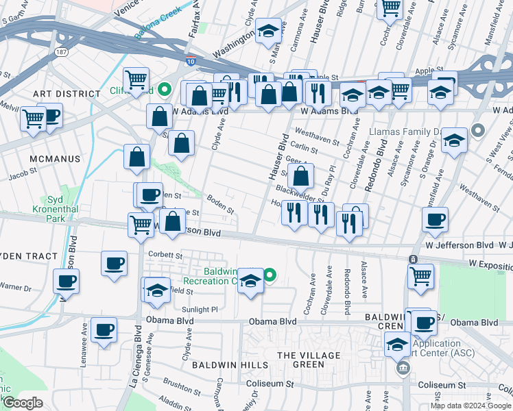 map of restaurants, bars, coffee shops, grocery stores, and more near 2917 Hauser Boulevard in Los Angeles