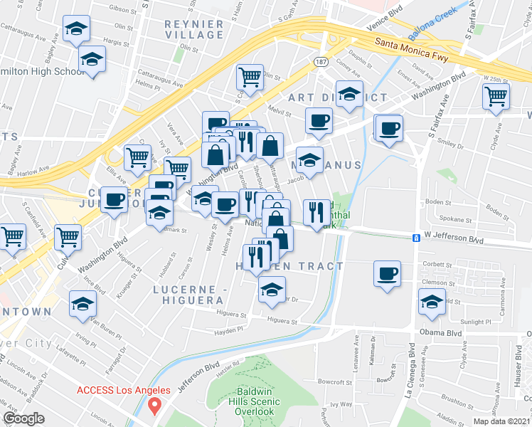 map of restaurants, bars, coffee shops, grocery stores, and more near 3442 Caroline Avenue in Culver City