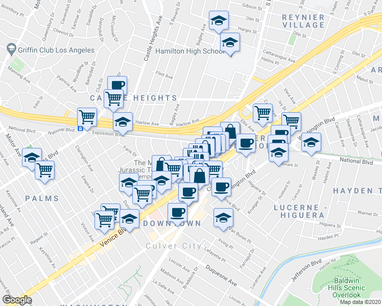 map of restaurants, bars, coffee shops, grocery stores, and more near 3734 South Canfield Avenue in Los Angeles
