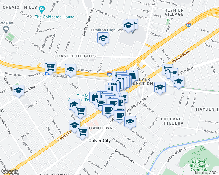map of restaurants, bars, coffee shops, grocery stores, and more near 3734 South Canfield Avenue in Los Angeles