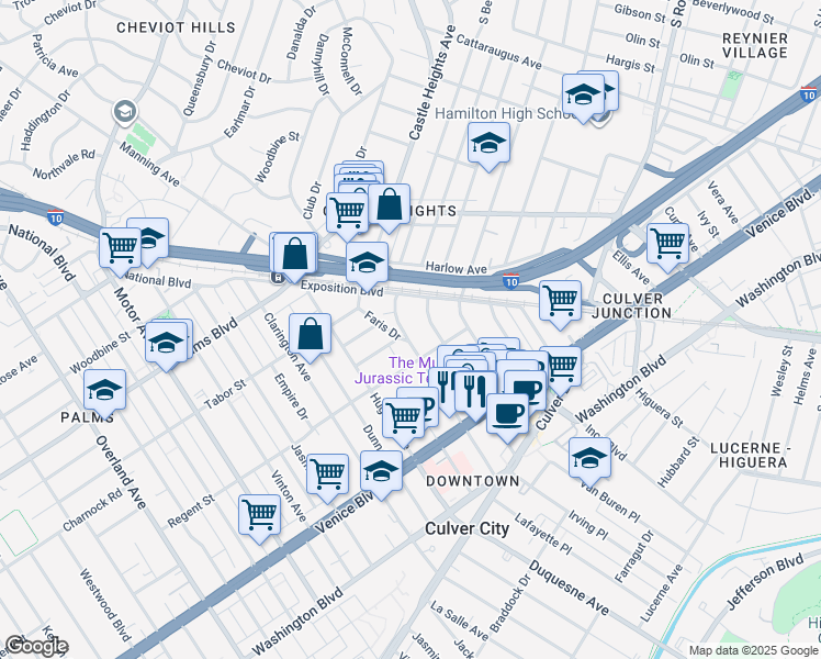 map of restaurants, bars, coffee shops, grocery stores, and more near 3626 Watseka Avenue in Los Angeles