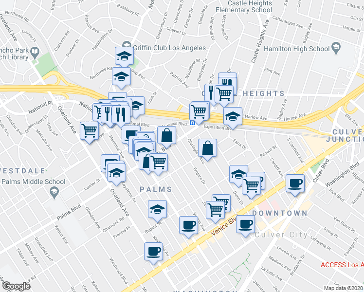 map of restaurants, bars, coffee shops, grocery stores, and more near 10138 Palms Boulevard in Los Angeles