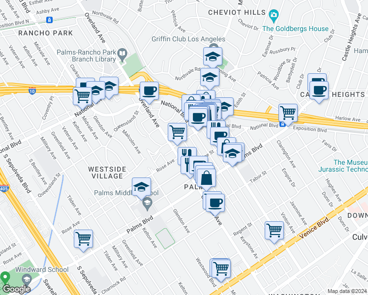 map of restaurants, bars, coffee shops, grocery stores, and more near 3317 Keystone Avenue in Los Angeles