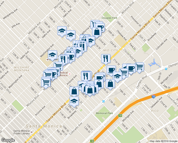 map of restaurants, bars, coffee shops, grocery stores, and more near 1323 17th Street in Santa Monica