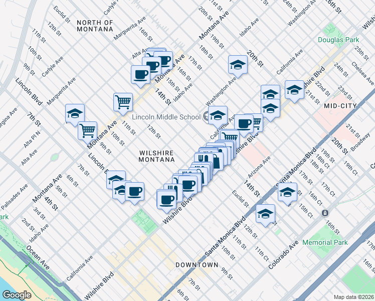 map of restaurants, bars, coffee shops, grocery stores, and more near 1037 12th Court in Santa Monica