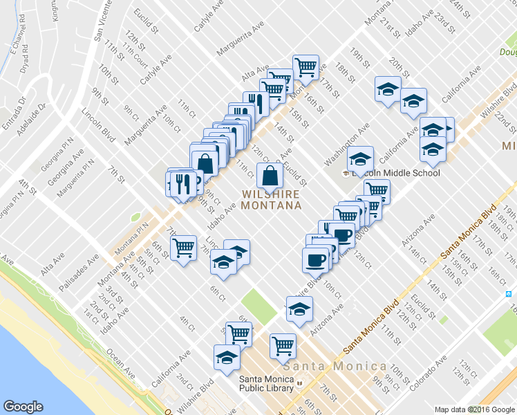 map of restaurants, bars, coffee shops, grocery stores, and more near in Santa Monica