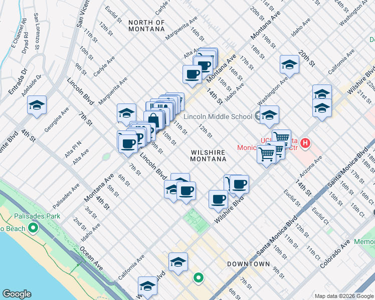 map of restaurants, bars, coffee shops, grocery stores, and more near in Santa Monica