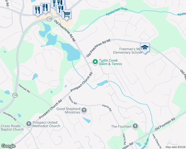 map of restaurants, bars, coffee shops, grocery stores, and more near 1632 Blue Heron Court in Lawrenceville