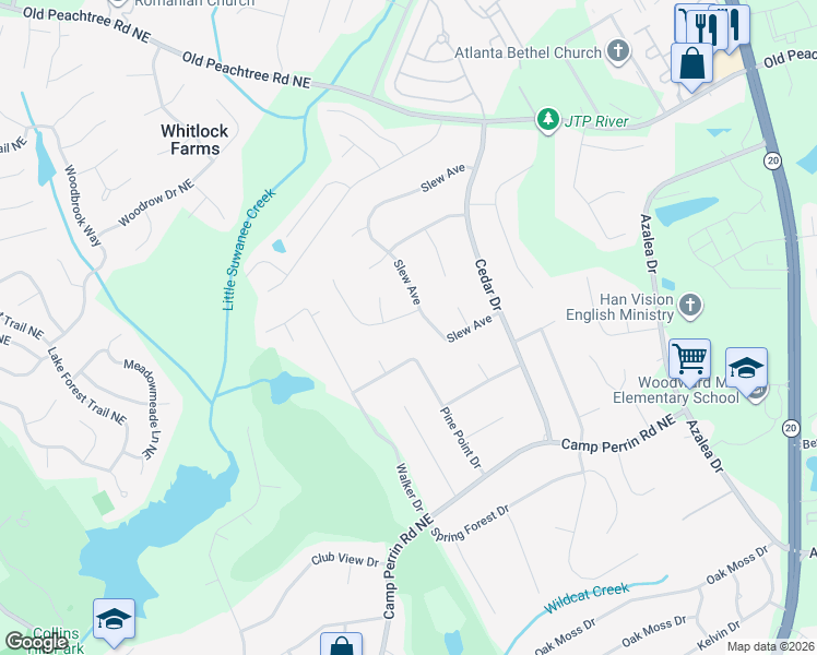 map of restaurants, bars, coffee shops, grocery stores, and more near 721 Cedar Valley Trce in Lawrenceville