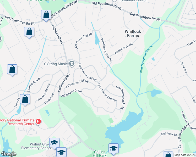 map of restaurants, bars, coffee shops, grocery stores, and more near 2557 Forest Meadow Lane in Lawrenceville