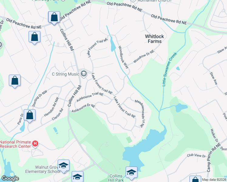 map of restaurants, bars, coffee shops, grocery stores, and more near 2557 Forest Meadow Lane in Lawrenceville