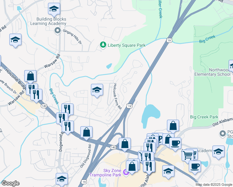 map of restaurants, bars, coffee shops, grocery stores, and more near 134 Holcomb Ferry Road in Roswell