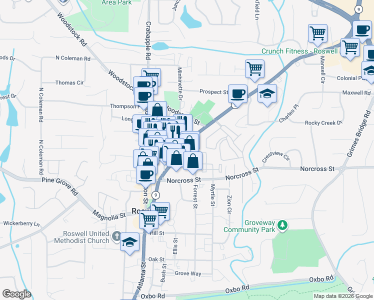 map of restaurants, bars, coffee shops, grocery stores, and more near 1072 Alpharetta Highway in Roswell