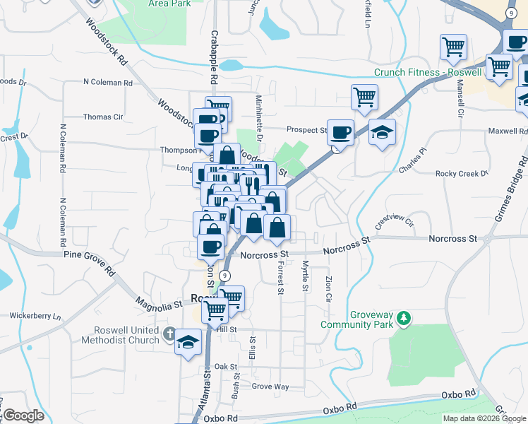 map of restaurants, bars, coffee shops, grocery stores, and more near 1072 Alpharetta Highway in Roswell
