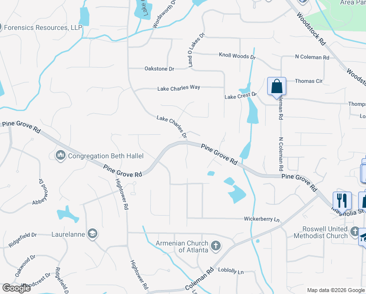 map of restaurants, bars, coffee shops, grocery stores, and more near 110 Pineridge Way in Roswell