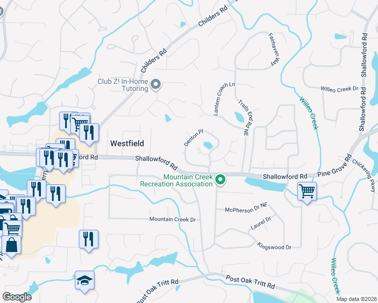 map of restaurants, bars, coffee shops, grocery stores, and more near 3148 Denton Place in Roswell
