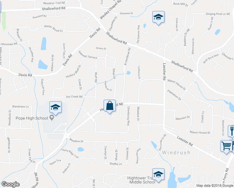 map of restaurants, bars, coffee shops, grocery stores, and more near 3220 Ethan Drive in Marietta