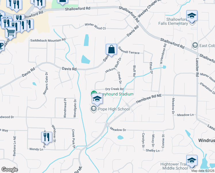 map of restaurants, bars, coffee shops, grocery stores, and more near 3451 Dry Creek Road in Marietta