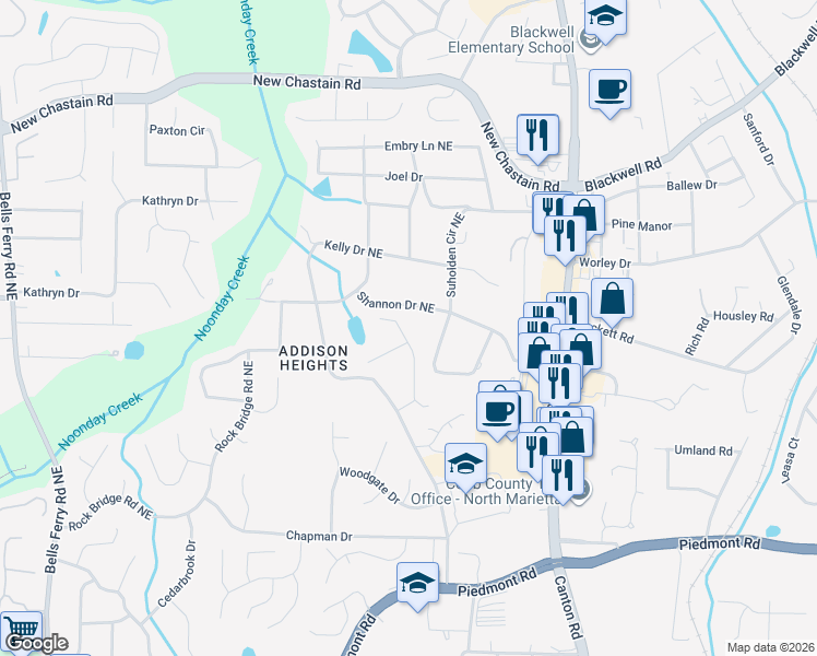 map of restaurants, bars, coffee shops, grocery stores, and more near 3202 Vickery Drive Northeast in Marietta