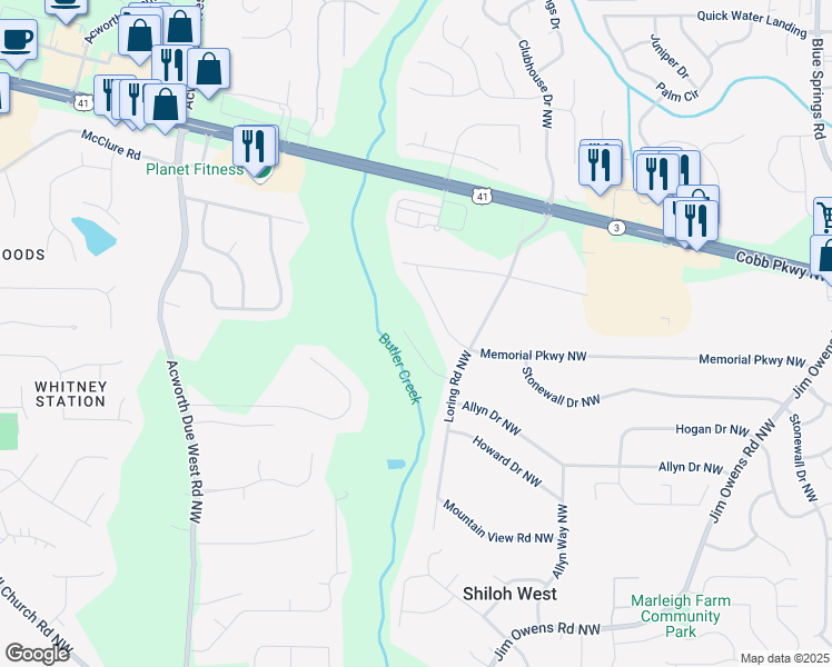 map of restaurants, bars, coffee shops, grocery stores, and more near Loring Way Northwest in Cobb County