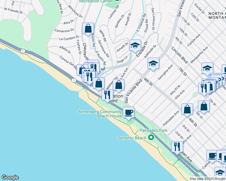 map of restaurants, bars, coffee shops, grocery stores, and more near 143 Ocean Avenue Extension in Santa Monica
