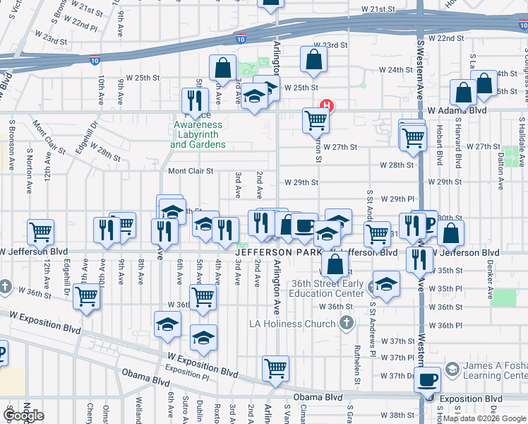 map of restaurants, bars, coffee shops, grocery stores, and more near 2325 West 30th Street in Los Angeles