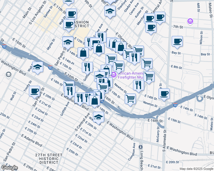 map of restaurants, bars, coffee shops, grocery stores, and more near 1503 South Central Avenue in Los Angeles