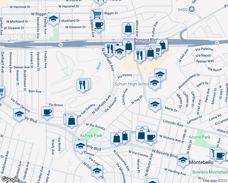 map of restaurants, bars, coffee shops, grocery stores, and more near 768 North Garfield Avenue in Montebello