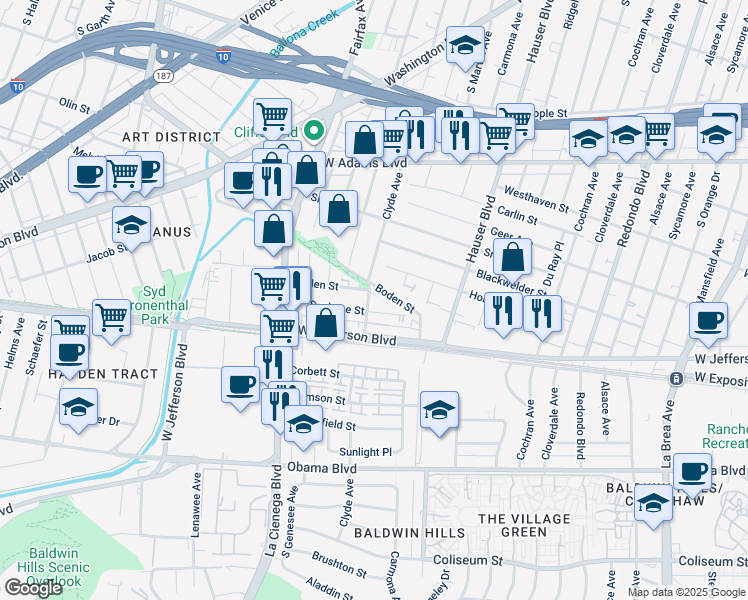 map of restaurants, bars, coffee shops, grocery stores, and more near 3000 Clyde Avenue in Los Angeles