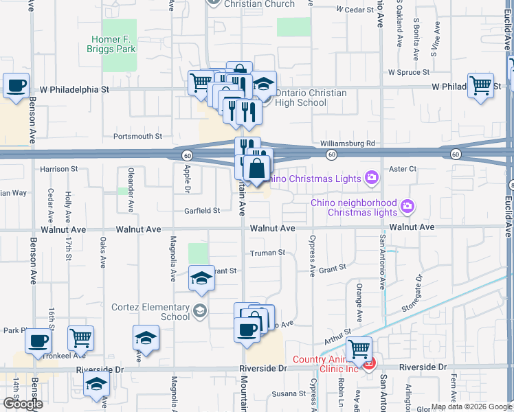map of restaurants, bars, coffee shops, grocery stores, and more near 6363 Hartford Court in Chino