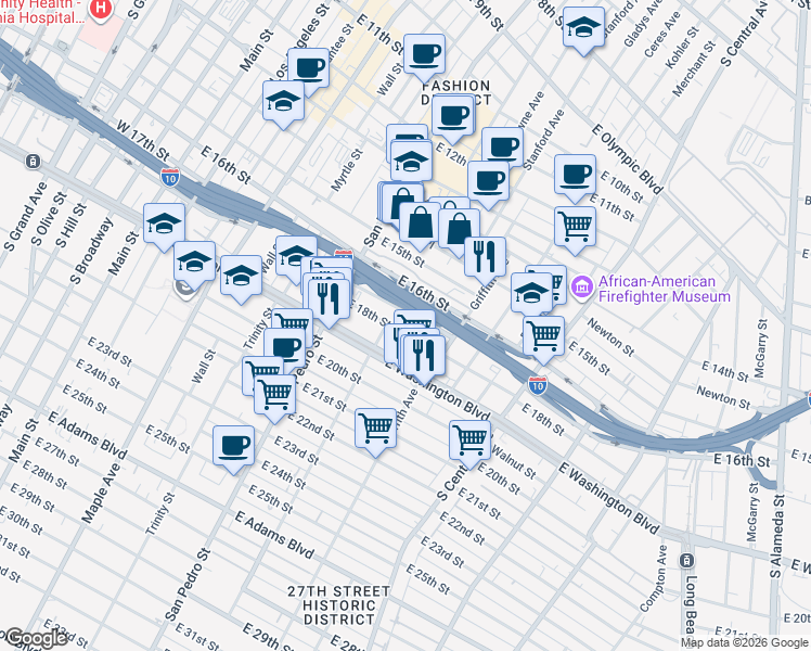 map of restaurants, bars, coffee shops, grocery stores, and more near 781 East 18th Street in Los Angeles