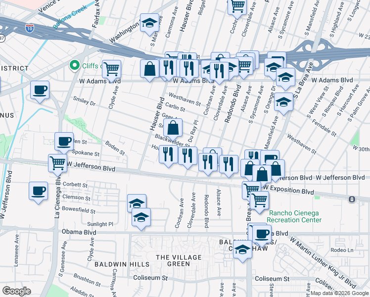 map of restaurants, bars, coffee shops, grocery stores, and more near 2903 South Cochran Avenue in Los Angeles