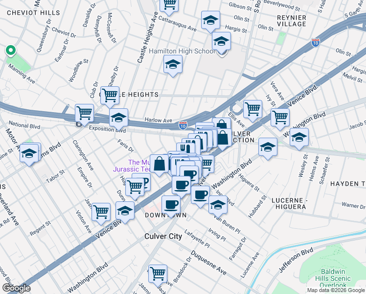map of restaurants, bars, coffee shops, grocery stores, and more near 3734 South Canfield Avenue in Los Angeles