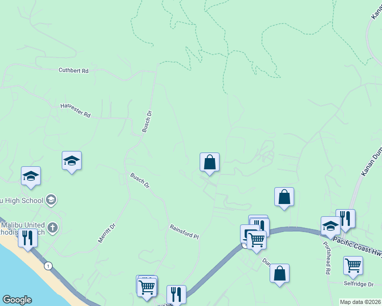 map of restaurants, bars, coffee shops, grocery stores, and more near 5792 Calpine Drive in Malibu