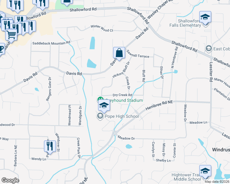 map of restaurants, bars, coffee shops, grocery stores, and more near 3451 Dry Creek Road in Marietta