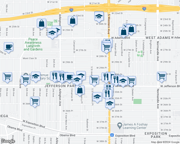 map of restaurants, bars, coffee shops, grocery stores, and more near 2107 West 30th Street in Los Angeles