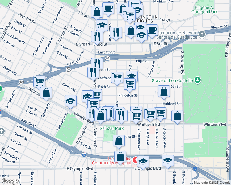 map of restaurants, bars, coffee shops, grocery stores, and more near 627 South Ditman Avenue in Los Angeles
