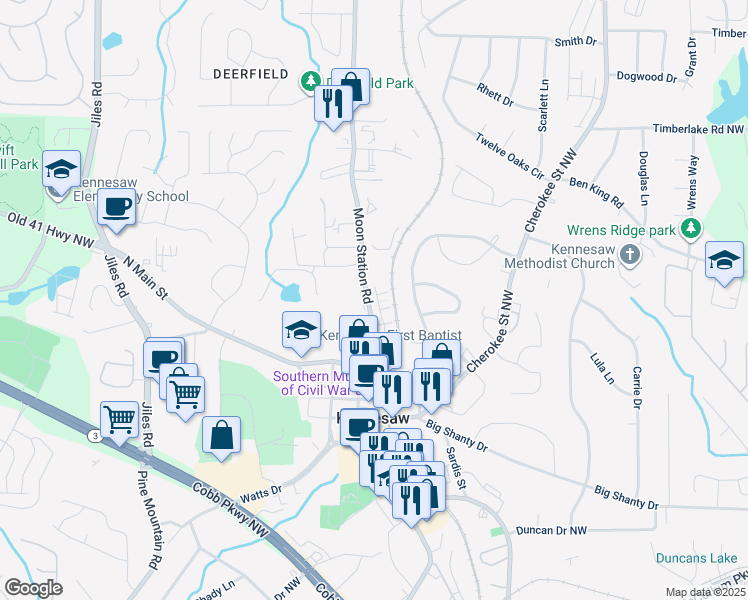 map of restaurants, bars, coffee shops, grocery stores, and more near 3057 Windover Lane in Kennesaw
