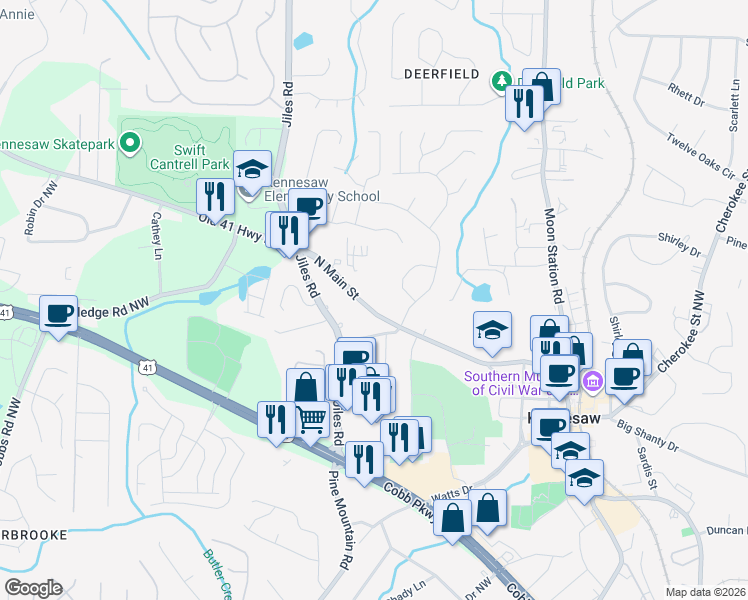 map of restaurants, bars, coffee shops, grocery stores, and more near 3014 North Main Street Northwest in Kennesaw