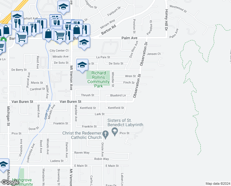 map of restaurants, bars, coffee shops, grocery stores, and more near 22770 Bluebird Lane in Grand Terrace