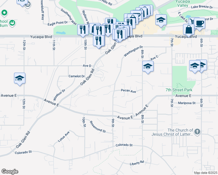 map of restaurants, bars, coffee shops, grocery stores, and more near 33467 Washington Drive in Yucaipa