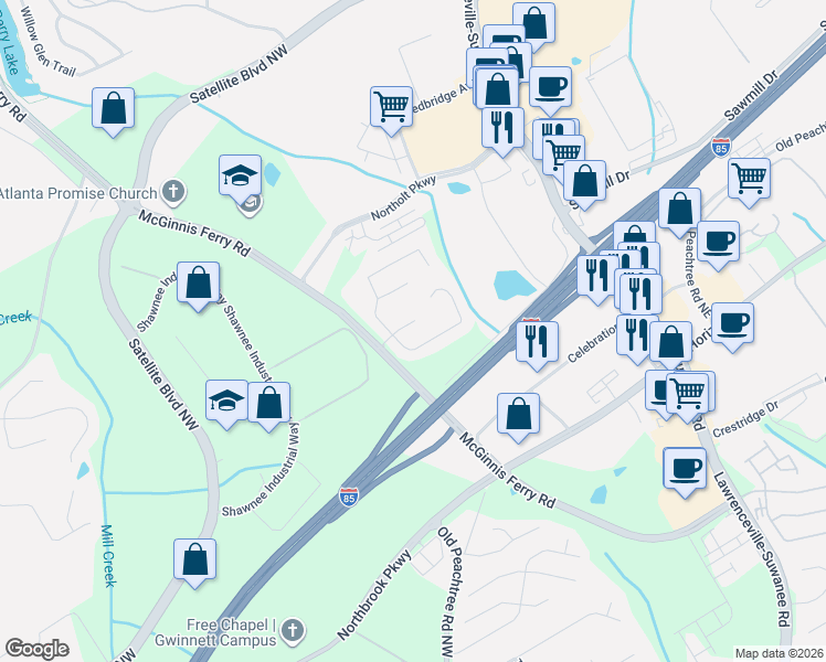 map of restaurants, bars, coffee shops, grocery stores, and more near 570 Autumnbrooke Way in Suwanee