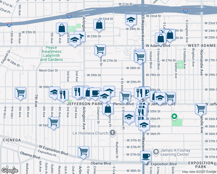 map of restaurants, bars, coffee shops, grocery stores, and more near 2167 West 30th Street in Los Angeles