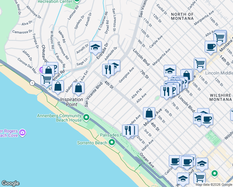 map of restaurants, bars, coffee shops, grocery stores, and more near 416 4th Street in Santa Monica