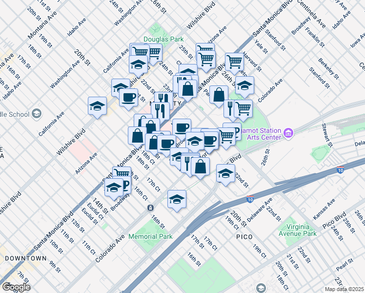 map of restaurants, bars, coffee shops, grocery stores, and more near 2020 Broadway in Santa Monica