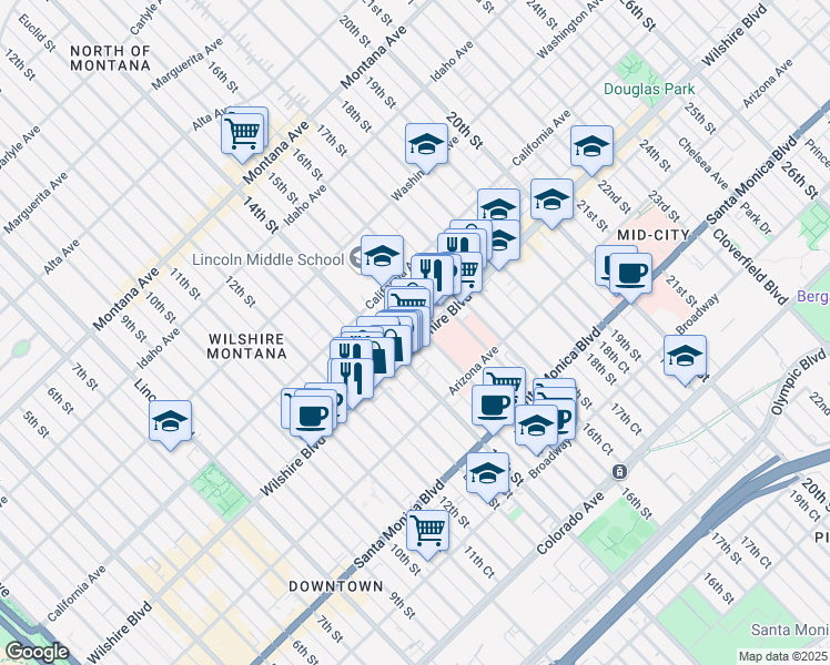 map of restaurants, bars, coffee shops, grocery stores, and more near 1433 Wilshire Boulevard in Santa Monica