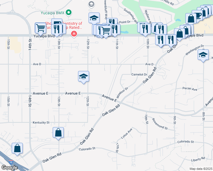 map of restaurants, bars, coffee shops, grocery stores, and more near 33022 Avenue E in Yucaipa
